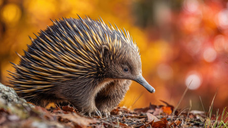 A spiny echidna forages through the woodland, its quills glistening in warm autumn colors as fallen leaves create a picturesque backdrop.の素材
