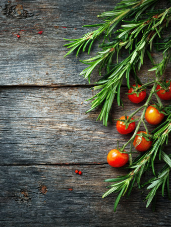Vibrant cherry tomatoes and aromatic rosemary sprigs rest on a textured rustic wood background, highlighting the beauty of natural culinary ingredients.の素材