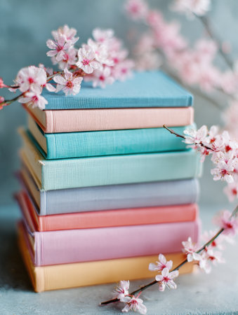 Stacked pastel colored books with soft matte covers are beautifully arranged alongside delicate spring blossoms, creating a tranquil and inviting atmosphere.の素材