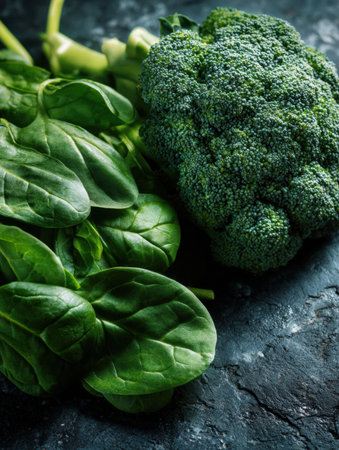Fresh broccoli and spinach positioned on a dark surface under modern lighting highlight their textures, showing a healthy lifestyle through vibrant colors.の素材