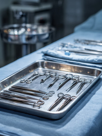 Sterilized surgical instruments are organized on a tray beside a patient table, ready for use during a medical procedure in a clean environment.の素材