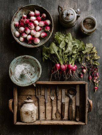 Fresh radishes are beautifully displayed alongside vintage kitchen tools on a rustic wooden table, creating a vibrant still life arrangement full of charm.の素材