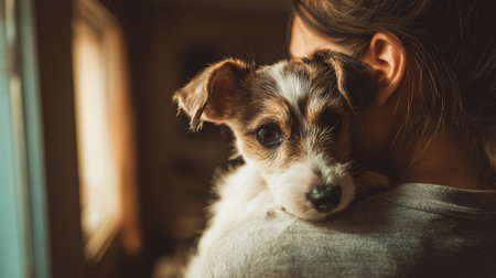 Pet owner shows concern while holding a small dog at a veterinary clinic, with gentle light filtering in from the side, highlighting their bond.の素材