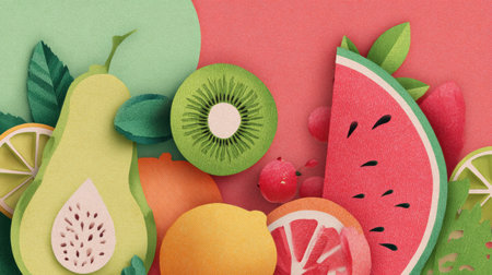 Stylized arrangement of various fruits with textured paper-cut designs, featuring pastel colors and ample space on the left for creative use.の素材