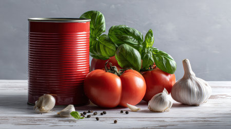 A colorful still life showcases a vibrant tomato can, fresh basil leaves, and garlic cloves, designed for an elegant cookbook layout with a clean side view.の素材