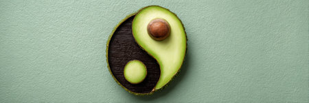Freshly sliced avocado displays a yin-yang symbol, emphasizing balance and wellness. The upper half is open, showcasing the smooth green flesh and pit.の素材