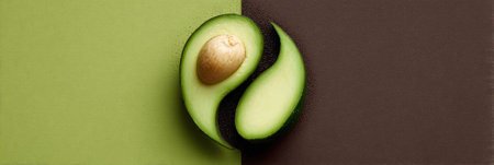 Sliced avocado presents an artistic yin-yang symbol, symbolizing harmony and wellness, with its pit featured prominently in the open section.の素材