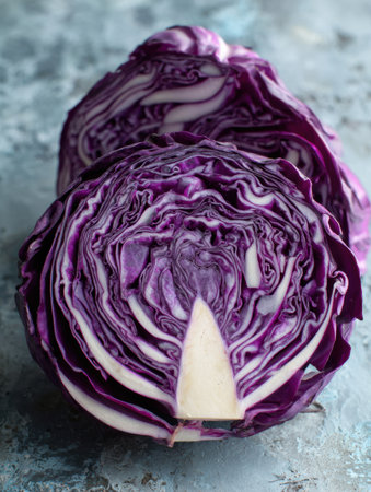 Sliced red cabbage showcases a stunning mandala design, with intricate layers and shades of purple, inviting exploration of its natural beauty.の素材