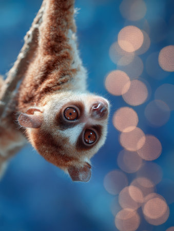 A slow loris hangs upside down surrounded by a soft, dreamy bokeh background, with the right side of the frame remaining open and unobstructed.の素材