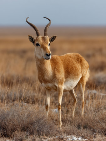 A saiga antelope with a distinct curved nose stands in dry plains, surrounded by sparse vegetation under a vast, unobstructed sky during daylight.の素材