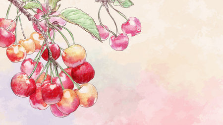 Cherries hang delicately against a soft pastel background, showcasing a blend of colors that evoke a feeling of calm and tranquility perfect for decor or art.の素材
