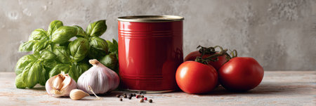 This vibrant still life showcases a red tomato can be positioned alongside fresh basil, garlic, and ripe tomatoes, styled beautifully for cookbook design.の素材