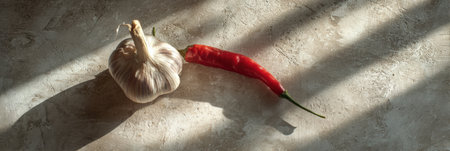 Red chili and garlic displayed on a clean surface create a striking still life with sharp shadows enhancing their textures and colors.の素材