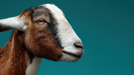 Side profile of a healthy brown and white goat presents its gentle expression, highlighting the distinctive patterns and color contrast against a teal backdrop.の素材