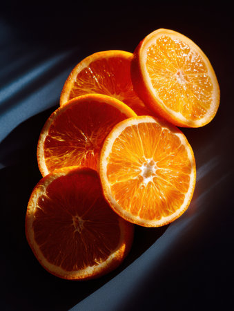 Sliced oranges are showcased with vibrant colors and dramatic shadows against a clean, dark surface, emphasizing their juicy texture and freshness.の素材