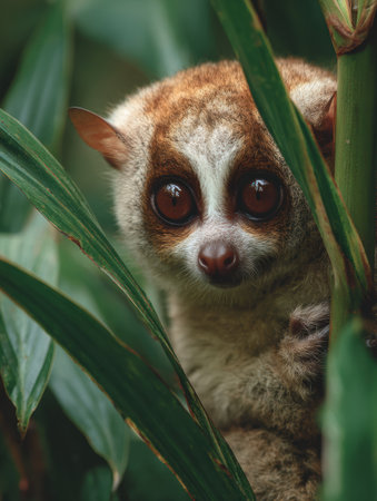 A slow loris curiously observes its surroundings while nestled among green leaves, displaying its expressive eyes and calm nature in a secluded forest.の素材