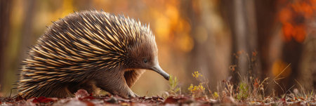 Spiny echidna wanders through a woodland filled with warm autumn colors, surrounded by scattered leaves and an empty background inviting exploration.の素材