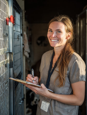 A smiling veterinarian holds a clipboard and makes notes next to an open animal cage in a well-lit clinic, showcasing a caring attitude towards animals.の素材