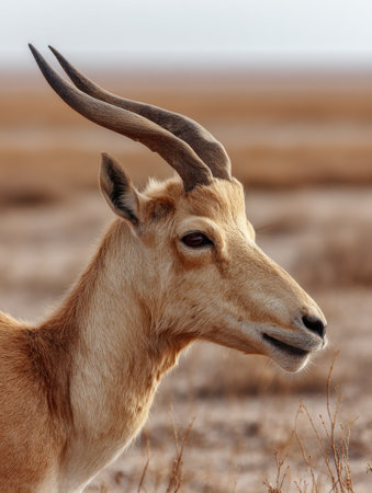 A saiga antelope stands gracefully in the stark dry plains, showing its distinctive curved nose against a vast arid background during daylight.の素材