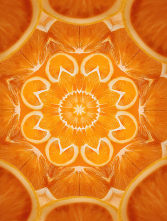 Circular arrangement of sliced oranges creates a captivating mandala design, showing the bright colors and patterns with a dynamic motion blur effect.の素材