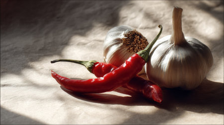 Red chili peppers and garlic are arranged elegantly against a textured background, creating a striking still life with sharp shadows and clean lines.の素材