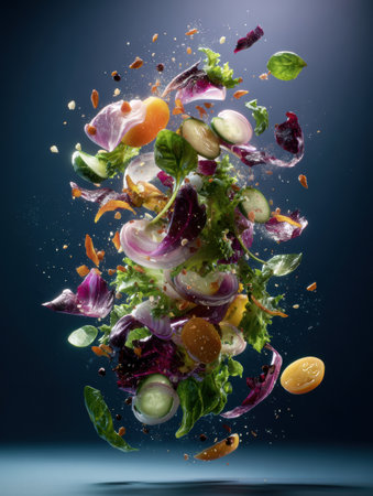 Ingredients of a fresh salad are suspended in mid-air, showing an array of colors and textures, evoking a sense of modern artistry in food presentation.の素材