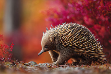 A spiny echidna explores a woodland setting adorned with warm autumn colors, highlighting the beauty of nature in this tranquil moment among the foliage.の素材
