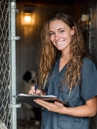 Veterinarian stands beside an open animal cage, holding a clipboard and smiling, ready to attend to the pet in a bright veterinary clinic.の素材