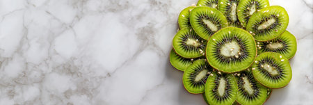 Sliced kiwi pieces create a visually striking flower mandala on a smooth marble surface, with a blank upper third section suitable for design elements.の素材