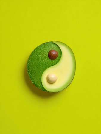 A creatively sliced avocado designed to resemble a yin-yang symbol highlights balance and wellness, set against a bright yellow background.の素材