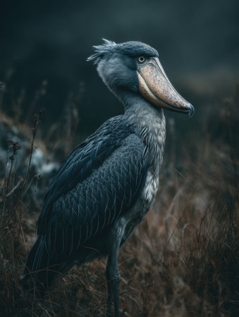 A shoebill stork poses amidst tall grass, illuminated by dynamic lighting that highlights its unique features and calm demeanor in a natural setting.の素材