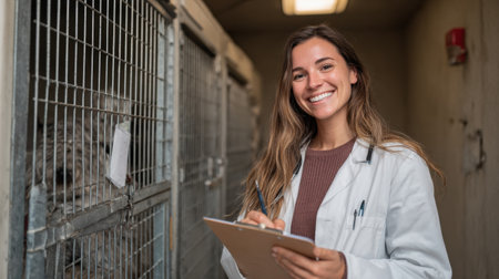 Veterinarian stands beside an open animal cage, smiling while taking notes on a clipboard, showcasing care and attention in the facility.の素材