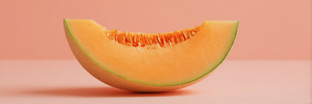 Brightly colored cantaloupe slice reveals juicy, sweet flesh with a smooth surface against a soft pastel backdrop, ideal for summer dishes and refreshing snacksの素材