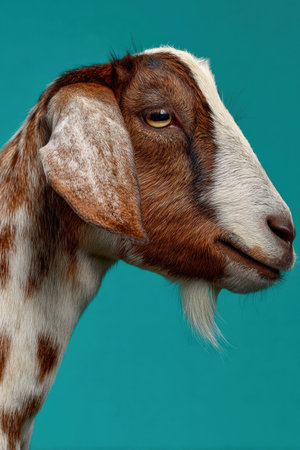 A healthy brown and white goat is featured in side profile against a textured teal background, highlighting its distinct markings and gentle expression clearly.の素材