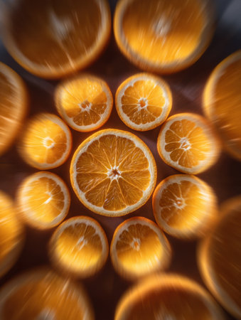 Sliced oranges in a mandala layout with a motion blur highlight their vivid colors and symmetry for an eye-catching effect.の素材