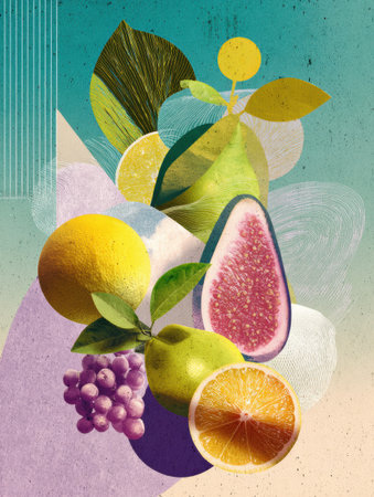 A stylized fruit arrangement featuring figs, grapes, and citrus in paper-cut textures and pastels, with space for design elements on the left.の素材