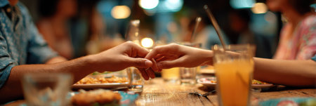Two friends connect through a warm hand gesture across a table filled with drinks and food, capturing a memorable moment in a bustling restaurant.の素材