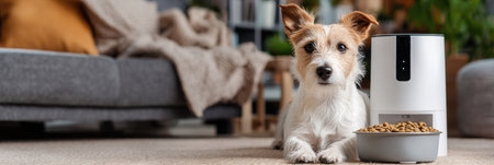 Small breed dog sits calmly next to a smart food dispenser while waiting for its meal in a comfortable living room environment.の素材