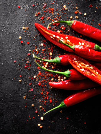 Sliced red chili arranged with a heatwave effect lays on a dark surface, creating a bold presentation perfect for cooking or spice enthusiasts.の素材