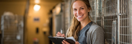 Veterinarian stands beside animal cages with a clipboard, smiling and engaged in her duties in an animal care facility during daytime.の素材
