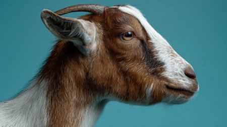 This profile of a healthy brown and white goat against a teal backdrop showcases its unique colors and features beautifully.の素材
