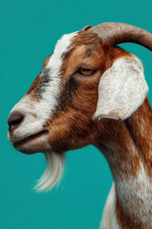 Close-up view of a healthy brown and white goat against a vibrant teal background, emphasizing the animals distinct features and lively expression.の素材