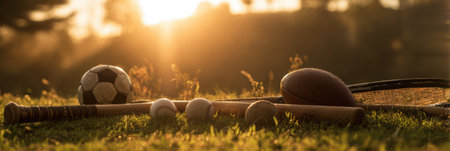 A variety of sports equipment is spread across a grassy area, illuminated by the warm glow of the rising sun, perfect for outdoor play and exercise.の素材