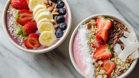 Two colorful smoothie bowls topped with sliced fruit, nuts, and coconut placed on a marble surface in a bright, inviting setting.の素材