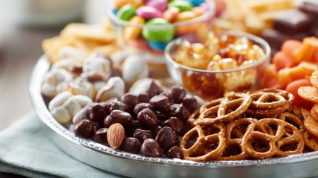 A vibrant platter of pretzels, candies, nuts, and dried fruits, perfect for an afternoon snack and festive vibes.の素材