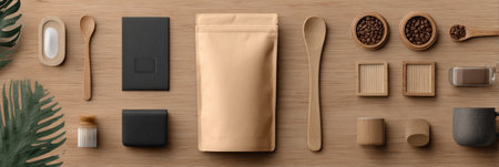 Simple packaging pouch is arranged with minimalistic props on a wooden surface, creating a clean and aesthetic layout for product showcases.の素材