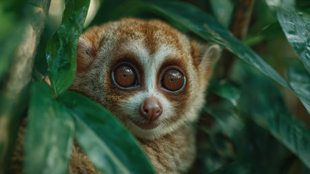 A slow loris gazes from between vibrant leaves in a tranquil setting, revealing its captivating features and inquisitive demeanor amidst green surroundings.の素材