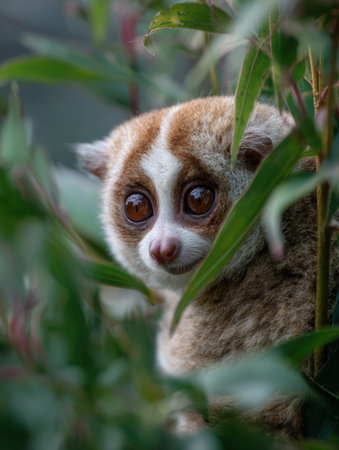 A slow loris cautiously peers through vibrant foliage, its large eyes reflecting curiosity.の素材