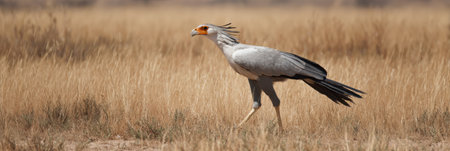 In the savannah, a secretary bird displays a strong stance while hunting, showing its keen awareness and graceful movement across the dry grasslands.の素材