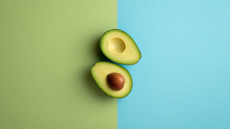 Sliced avocado arranged in yin-yang style on contrasting green and blue background, emphasizing wellness and balance with one half revealing the pitの素材